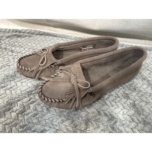 Minnetonka Womens 401T Taupe Suede Kiltie Fringe Moccasin Loafers Size 7
